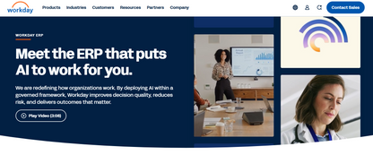 Workday – offizielle Startseite "AI-powered ERP" aus Pleasanton mit Hero-Botschaft und Navigation zu Finance, Human Capital Management und Adaptive Planning.