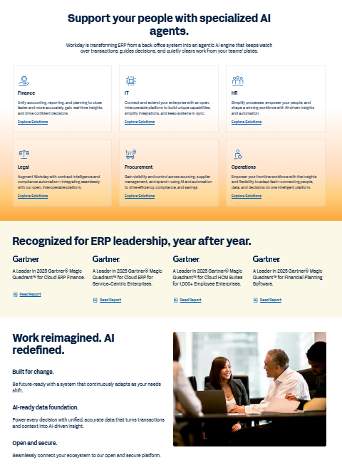 Workday – Detailansicht der Cloud-Plattform für Finance, Human Capital Management und Adaptive Planning mit KI-gestützten Workday Illuminate Funktionen für globale Unternehmen.